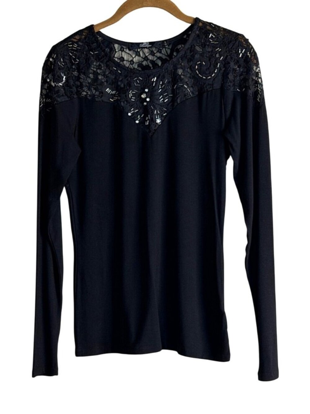 BKE Boutique Top Lace Mesh Rhinestone  Black Gold Beaded Old Money Size Small NW